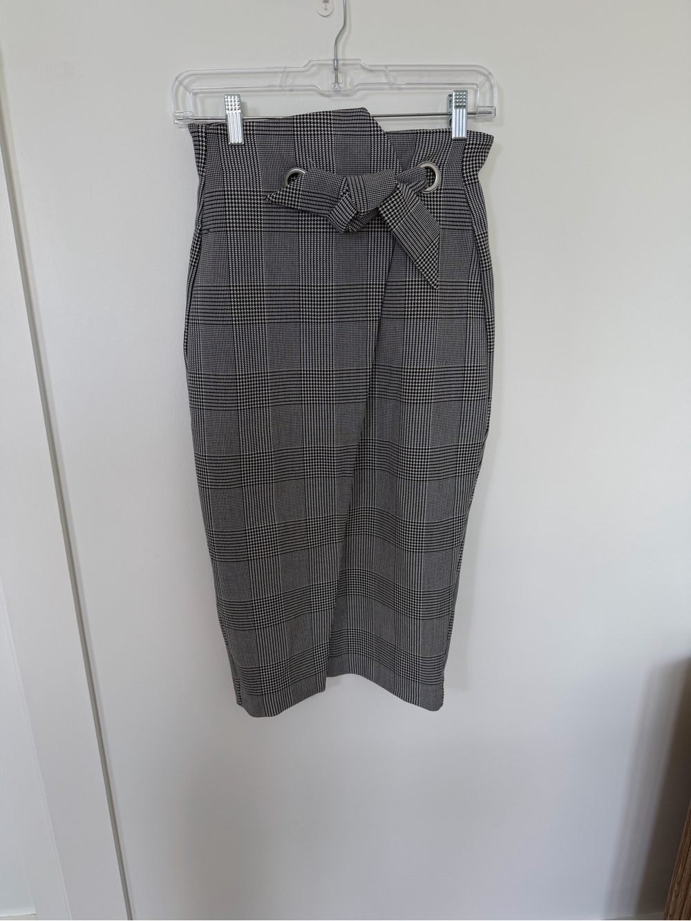 High-Waist Plaid Pencil Skirt with Tie Belt